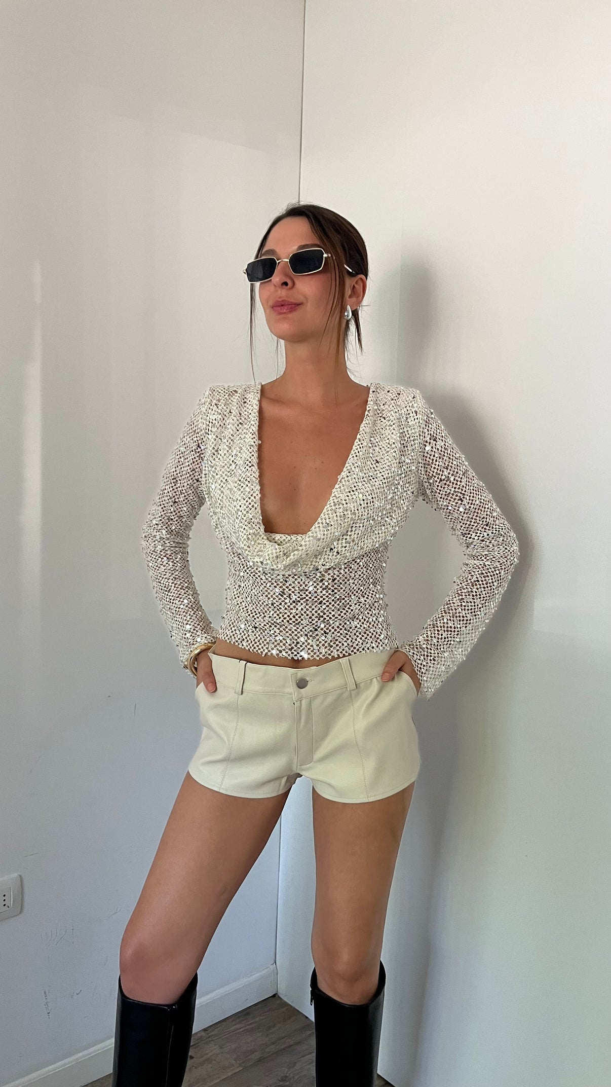 Grace | Women's Open-Back Sequin Mesh Crop Top