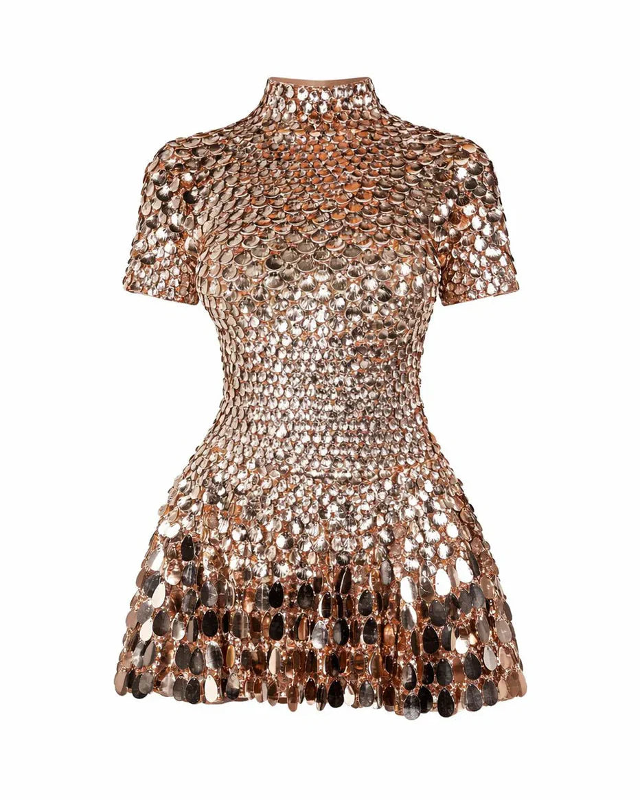 Janice | Robe Courte à Col Montant et Paillettes pour Femme