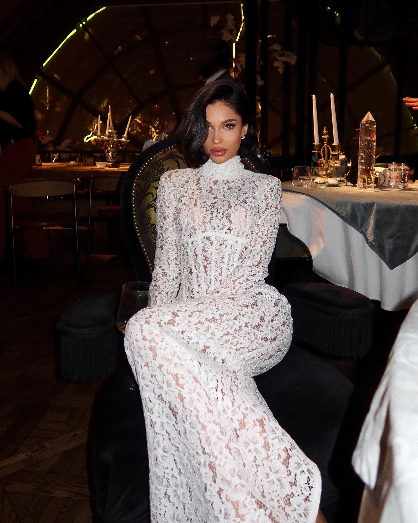 Raina | Women's High-Neck Long-Sleeve Corset-Inspired Lace Maxi Dress