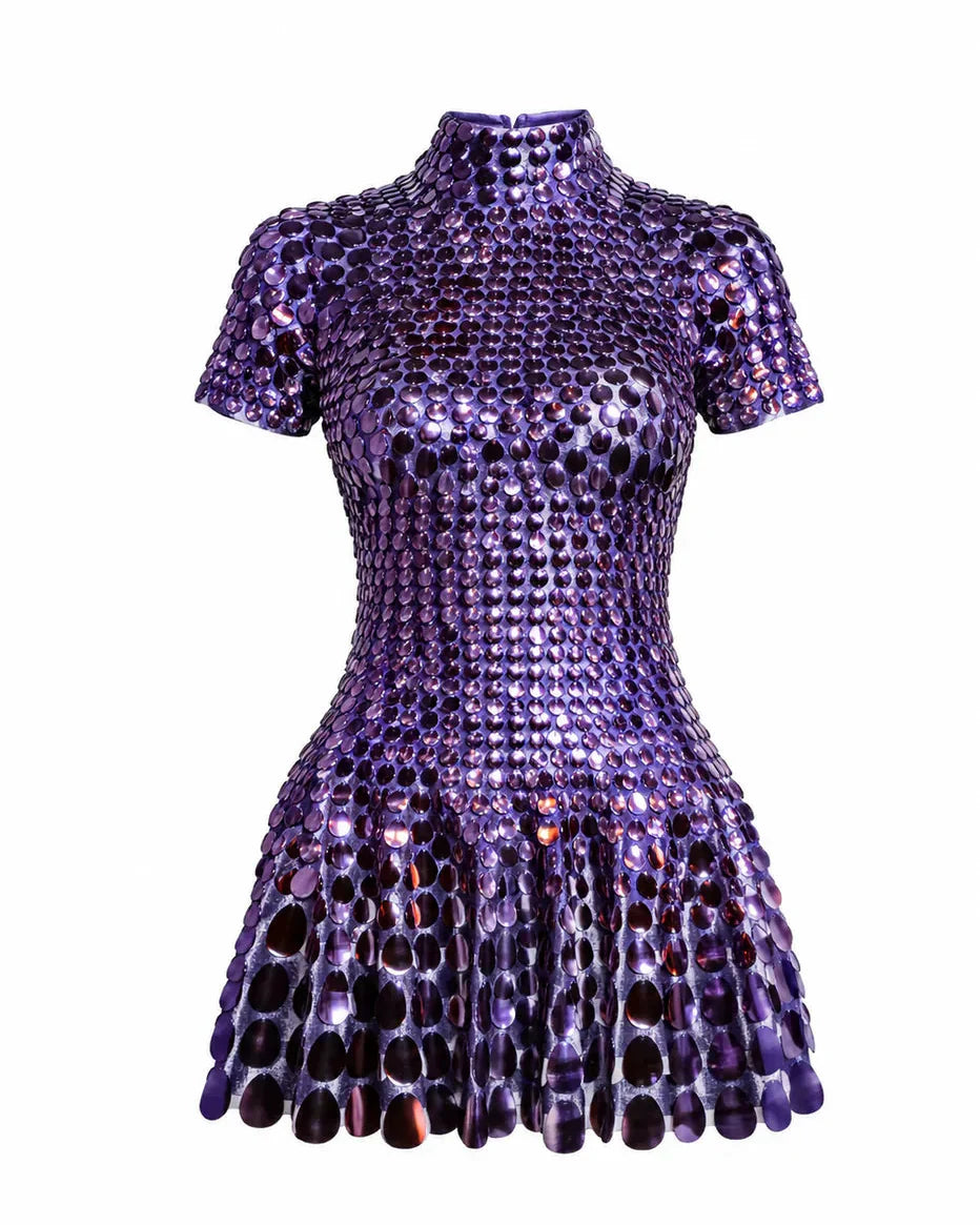 Violet | Robe Courte à Col Montant et Sequins Femme