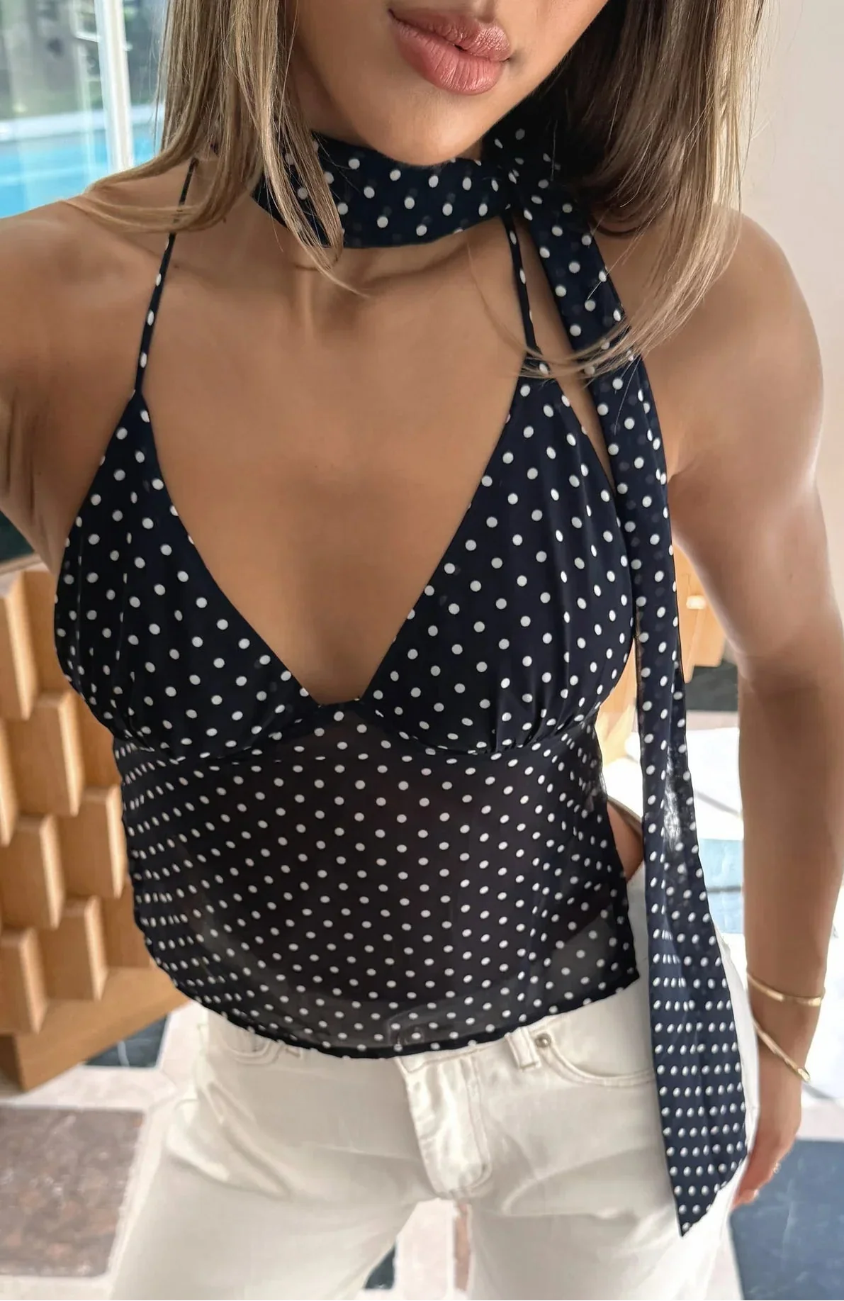 Lilly | Haut d'été sans manches à pois avec foulard pour femme