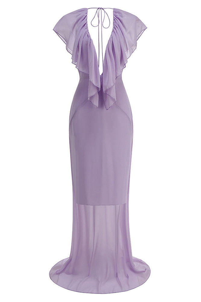 Fallon | Women's Deep V Neck Ruffle Chiffon Evening Maxi Wedding Guest Dress