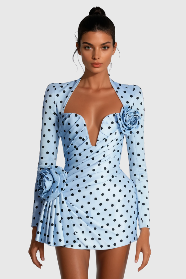 Lenora | Women's Long Sleeve Dot Flower Ruch Mini Dress