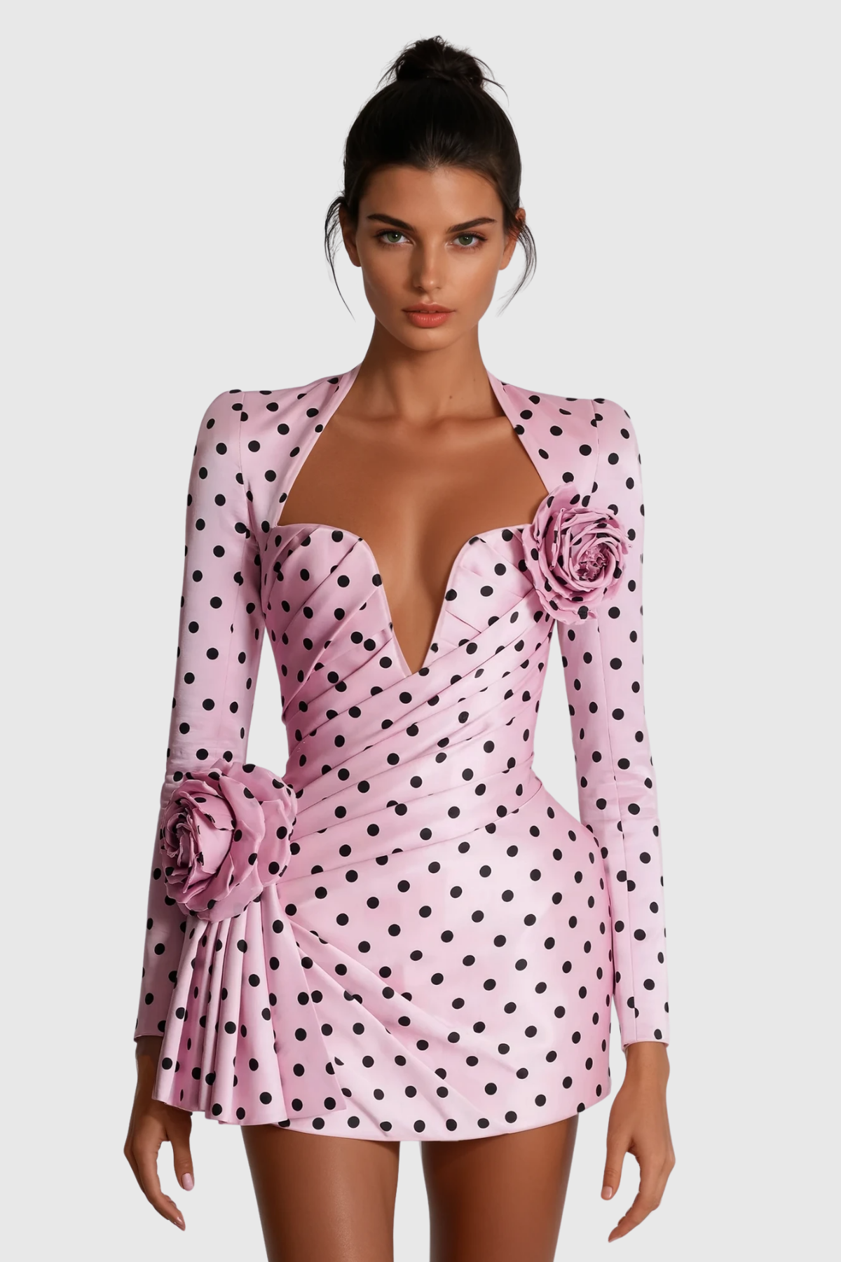 Lenora | Women's Long Sleeve Dot Flower Ruch Mini Dress