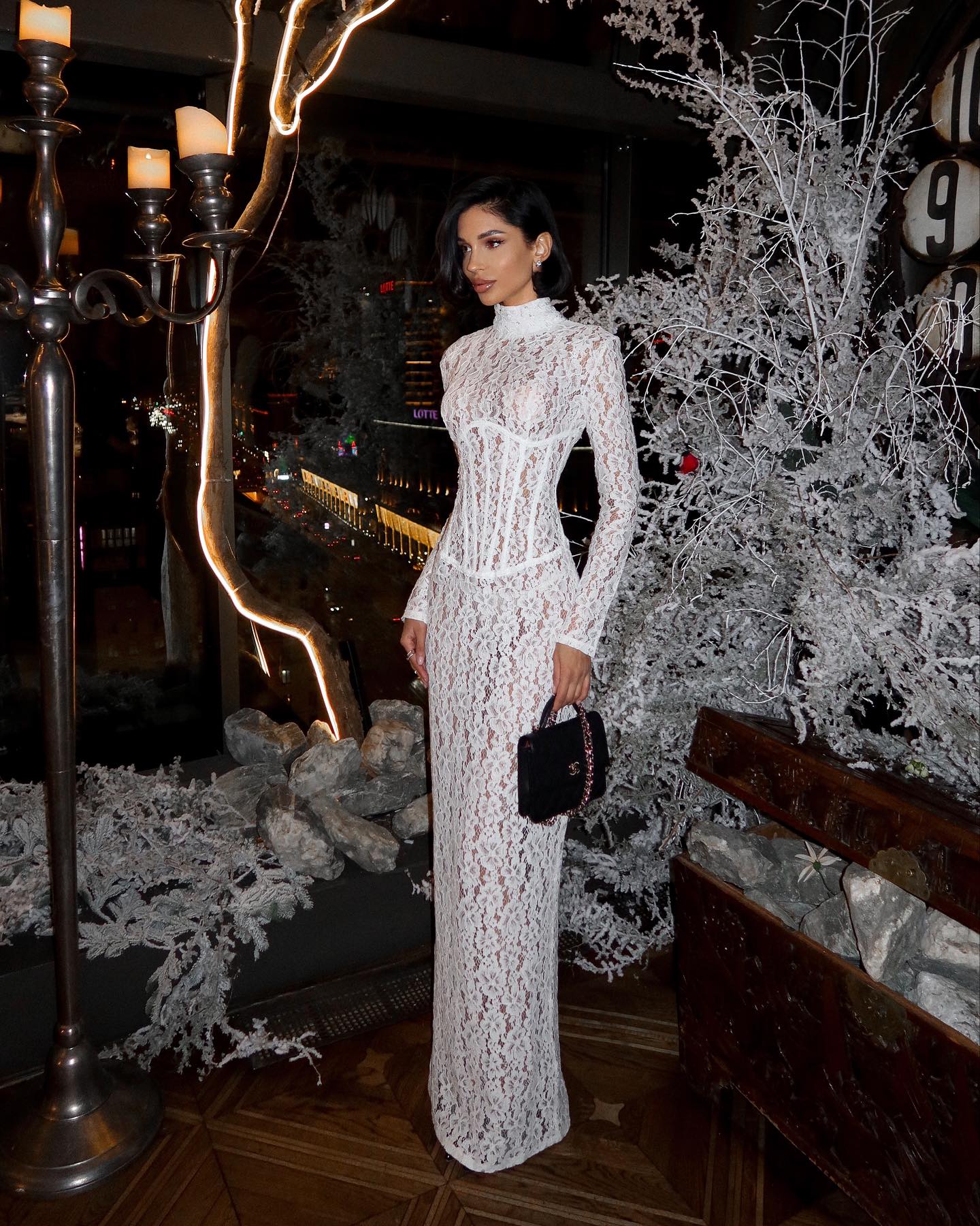 Raina | Women's High-Neck Long-Sleeve Corset-Inspired Lace Maxi Dress