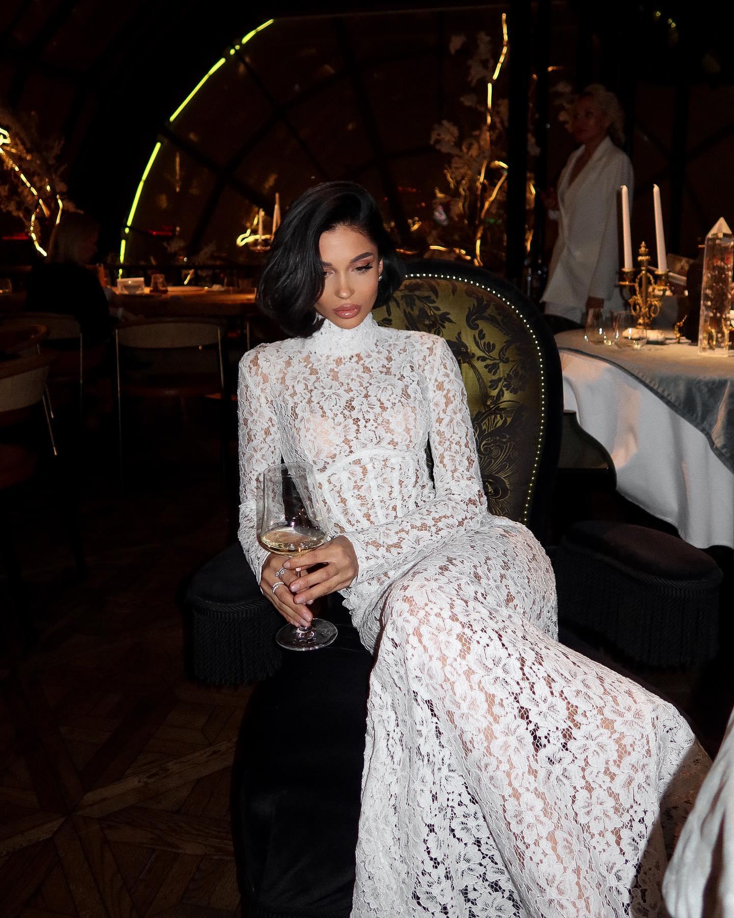 Raina | Women's High-Neck Long-Sleeve Corset-Inspired Lace Maxi Dress