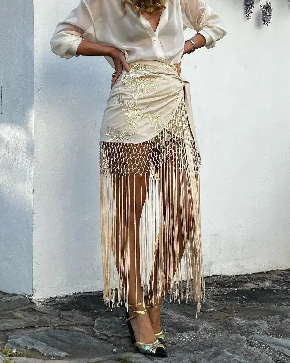 Zariah | Women's Wrap Silhouette Embroidery Fringe Skirt