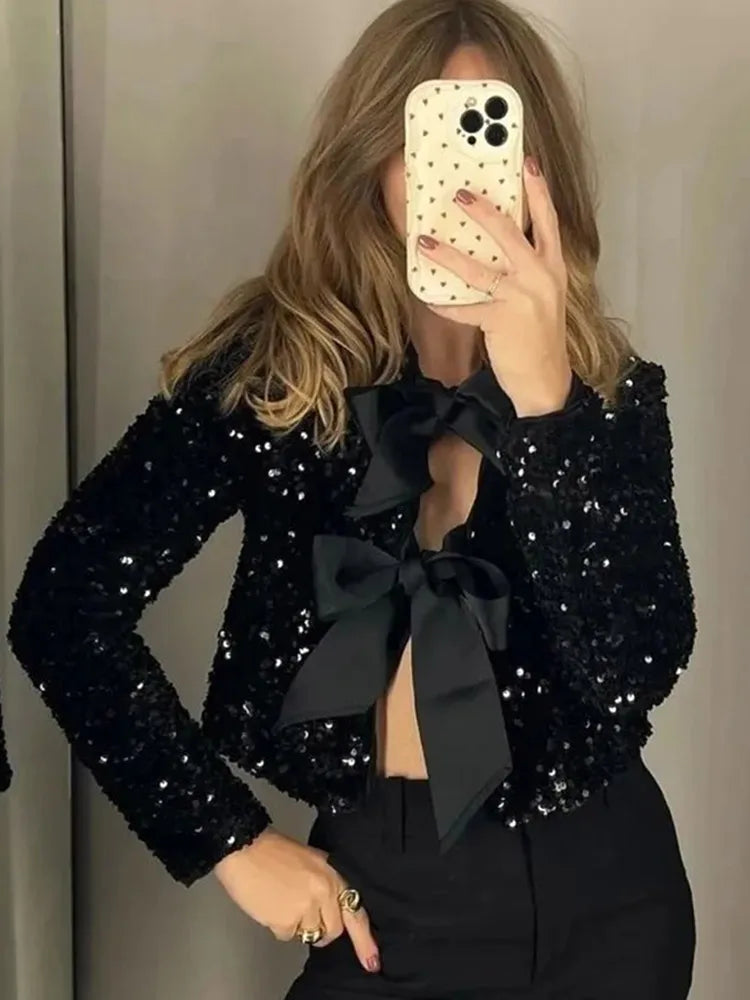 Bella | Women's Longsleeve Sequin Bow Party Top